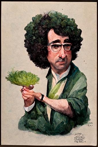John Oliver, dressed as Bob Ross, painting a cute little cabbage, big Afro, in the style of Norman Rockwell painting --ar 2:3 --q 5