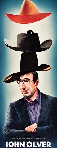 John Oliver wearing a giant 10 gallon cowboy hat, western movie poster --ar 9:24