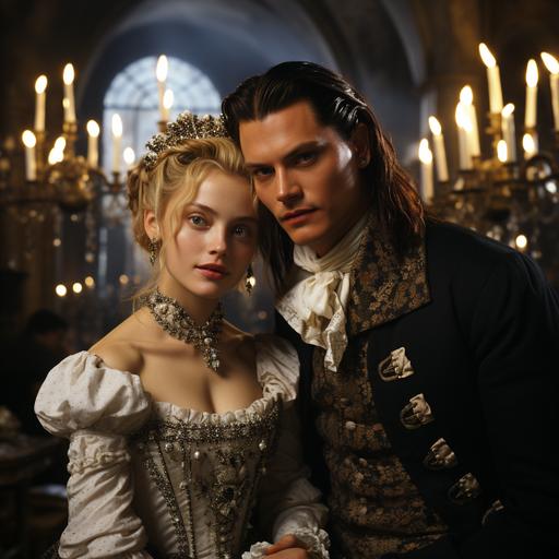 Johnny depp and a young blonde lady victorian renaissance in a paris catheral wedding style of 90s sparkle indie no sunglasses looking into camera --v 5.2 --s 750