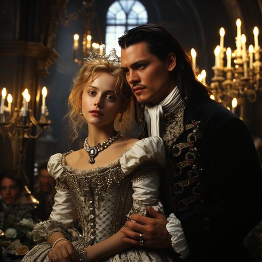 Johnny depp and a young blonde lady victorian renaissance in a paris catheral wedding style of 90s sparkle indie no sunglasses looking into camera --v 5.2 --s 750