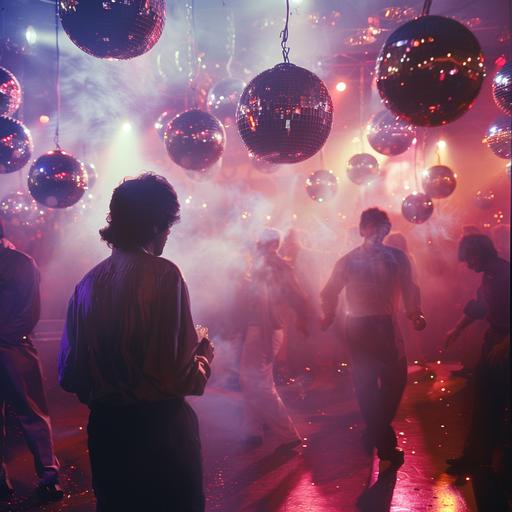 Johnny indulging in a wild party, surrounded by flashing lights, glittering disco balls, and a haze of smoke.,Colorful disco lights reflecting off surfaces, Medium shot, Lavish party venue, Johnny surrounded by revelers.,--ar 9:16