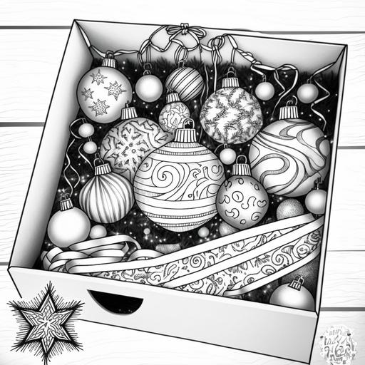 basic black and white christmas ornaments in a box line art coloring page --v 4