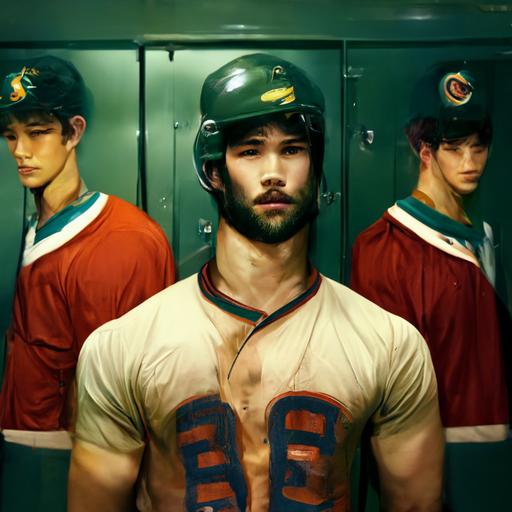 Johny rapids wearing a baseball jersey in a locker room with 5 hot men