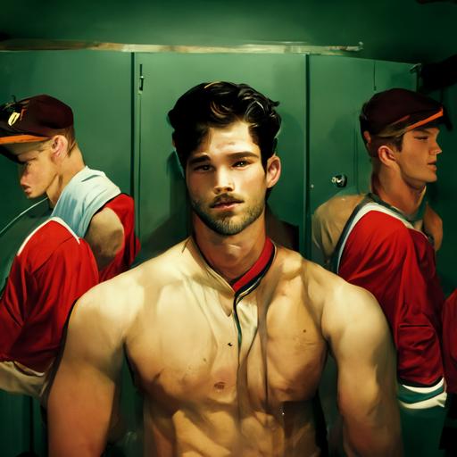 Johny rapids wearing a baseball jersey in a locker room with 5 hot men