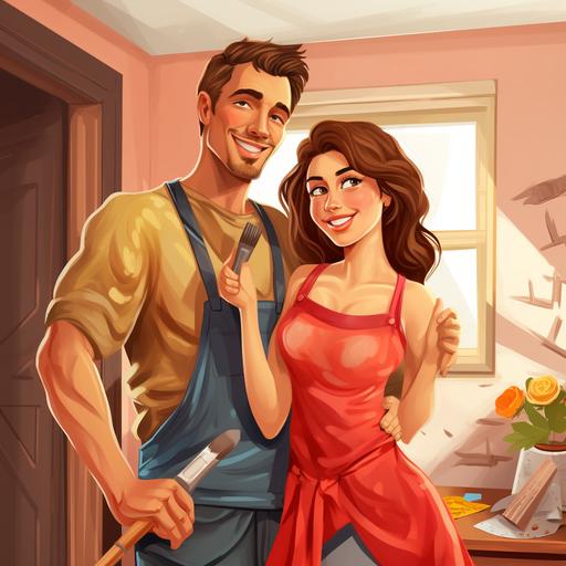 Joint Projects and Goals in relationship realistic cartoon like a couple does house renovations Young man and woman