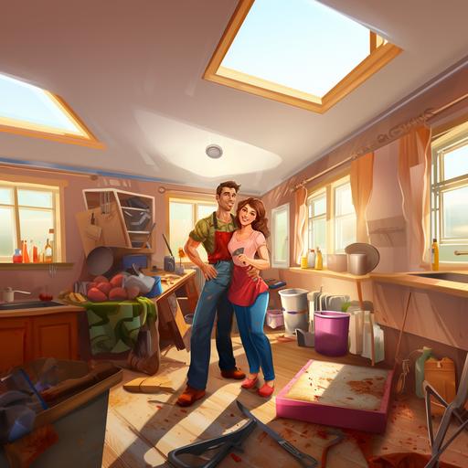Joint Projects and Goals in relationship realistic cartoon like a couple does house renovations Young man and woman