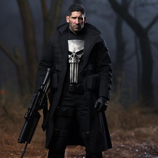 Jon Bernthal as MCU Punisher wearing a black military style trench coat with a black bullet proof vest with a skull logo and holding a gun, wearing black military tactical pants With black boots ultra realisitc hyper detailed
