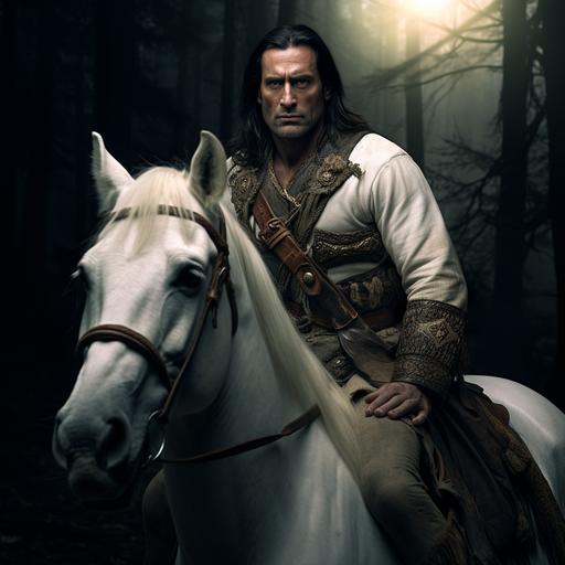 Jon Hamm with long hair as an indian soldier attire, at dark night in a forest, riding in a horse, scared expression, during ancient hindu king dynasty era