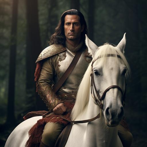 Jon Hamm with long hair as an indian soldier attire, at dark night in a forest, riding in a horse, scared expression, during ancient hindu king dynasty era