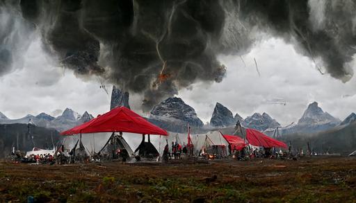 establishing wide shot, hyper realistic, sci-fi world, enfys nest, British Columbia forest clearing, distant mountains, ancient civilization large white ceremonial tents camp, thin red flags, tents ritually aligned, white stones in a ceremonial design, haze, hard rain, dark and moody, giant storm cell skies, smoke rising from a campfire, denis villenueve style, Lawrence of Arabia influence, no humans around, trending on artstation, octane render, unreal engine, 8k —ar 16:9