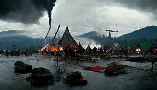 establishing wide shot, hyper realistic, sci-fi world, enfys nest, British Columbia forest clearing, distant mountains, ancient civilization large white ceremonial tents camp, thin red flags, tents ritually aligned, white stones in a ceremonial design, haze, hard rain, dark and moody, giant storm cell skies, smoke rising from a campfire, denis villenueve style, Lawrence of Arabia influence, no humans around, trending on artstation, octane render, unreal engine, 8k —ar 16:9