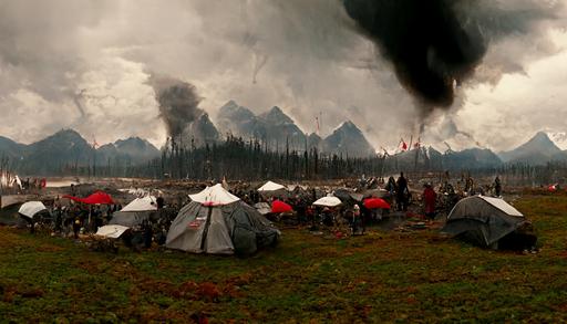 establishing wide shot, hyper realistic, sci-fi world, enfys nest, British Columbia forest clearing, distant mountains, ancient civilization large white ceremonial tents camp, thin red flags, tents ritually aligned, small white stones aligned in a design on the ground, haze, hard rain, dark and moody, giant storm cell skies, smoke rising from a campfire, denis villenueve style, Lawrence of Arabia influence, no humans around, trending on artstation, octane render, unreal engine —ar 16:9