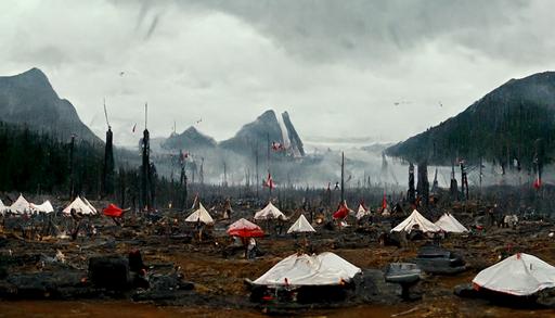 establishing wide shot, hyper realistic, sci-fi world, enfys nest, British Columbia forest clearing, distant mountains, ancient civilization large white ceremonial tents camp, thin red flags, tents ritually aligned, small white stones aligned in a design on the ground, haze, hard rain, dark and moody, stormy skies, smoke rising from a campfire, denis villenueve style, Lawrence of Arabia influence, no humans around, trending on artstation, octane render, unreal engine —ar 16:9