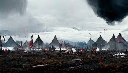 establishing wide shot, hyper realistic, sci-fi world, enfys nest, British Columbia forest clearing, distant mountains, ancient civilization large white ceremonial tents camp, thin red flags, tents ritually aligned, small white stones aligned in a design on the ground, haze, hard rain, dark and moody, giant storm cell skies, smoke rising from a campfire, denis villenueve style, Lawrence of Arabia influence, no humans around, trending on artstation, octane render, unreal engine —ar 16:9