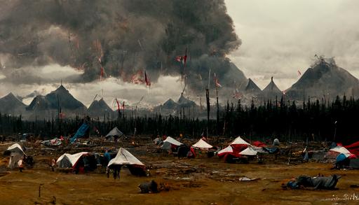 establishing wide shot, hyper realistic, sci-fi world, enfys nest, British Columbia forest clearing, distant mountains, ancient civilization white tents camp, thin red flags, tents ritually aligned, small white stones aligned in a design on the ground, haze, hard rain, dark and moody, stormy skies, smoke rising from a campfire, denis villenueve style, Lawrence of Arabia influence, no humans around, trending on artstation, octane render, unreal engine —ar 16:9