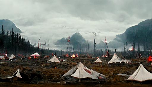 establishing wide shot, hyper realistic, sci-fi world, enfys nest, British Columbia forest clearing, distant mountains, ancient civilization large white ceremonial tents camp, thin red flags, tents ritually aligned, small white stones aligned in a design on the ground, haze, hard rain, dark and moody, stormy skies, smoke rising from a campfire, denis villenueve style, Lawrence of Arabia influence, no humans around, trending on artstation, octane render, unreal engine —ar 16:9