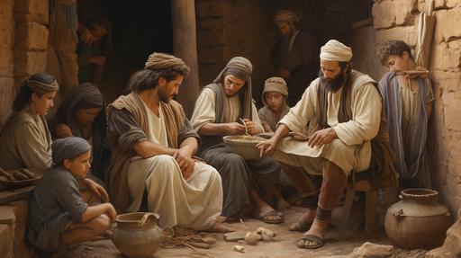 Joseph and His Hebrew Family in a Rustic Setting: This scene captures Joseph, a 15-year-old boy with a dreamy expression, as the central figure. He's surrounded by his father and ten brothers, all vividly engaged in various activities that reflect the family dynamics of the era. They are in a rustic, outdoor environment, possibly near their dwelling or a field. Each family member, including Joseph, is dressed in traditional Hebrew attire, which may include robes, tunics, and head coverings, distinctively styled to represent the historical period. The expressions and body language of each person should subtly indicate their relationship with Joseph and each other, adding depth to the portrayal of this Biblical family cartoon style --ar 1368:768