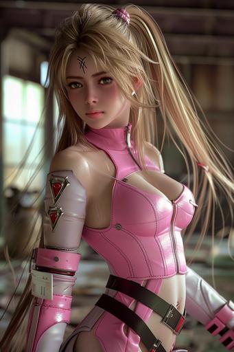 Josephine Langford as a flawlessly beautiful waifu femme fatale female character in metal gear final fantasy Dead or Alive 5 gameplay screenshot, wears pink and white leather, fullbody, amulet between, ,lots of stomach, --v 6.0 --ar 2:3