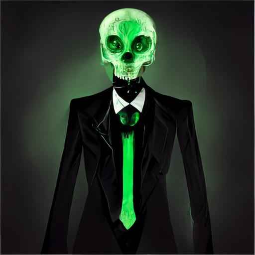 A skeleton with glowing green eyes wearing a black suit and green tie