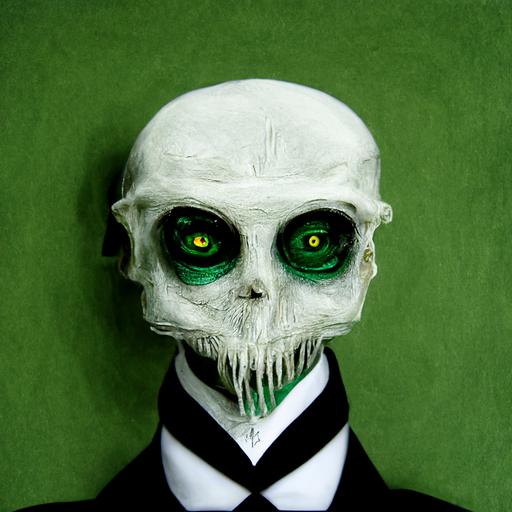 A white skeleton with green eyes wearing a black suit and green tie