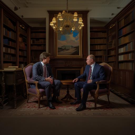 Journalist photograph of Tucker Carlson interviewing Vladimir Putin at the Kremlin. Tucker dressed in khaki pants, blue sport coat, and a red tie. Putin dressed in a well fitting blue suit with a black tie. antique wooden chairs with purple velvet upholstery. Ultra detail. Photorealistic. Detailed. Strong. ar 2:3 --v 6.0