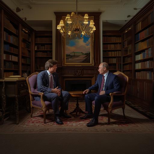 Journalist photograph of Tucker Carlson interviewing Vladimir Putin at the Kremlin. Tucker dressed in khaki pants, blue sport coat, and a red tie. Putin dressed in a well fitting blue suit with a black tie. antique wooden chairs with purple velvet upholstery. Ultra detail. Photorealistic. Detailed. Strong. ar 2:3 --v 6.0