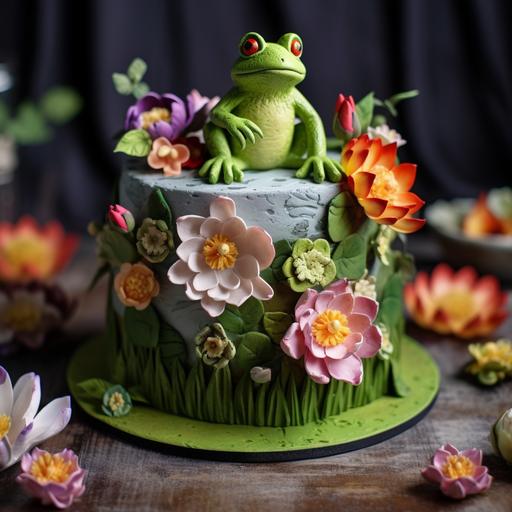 2-tier froggy birthday cake with flowers and lilypads, food photography