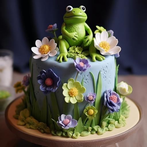 2-tier froggy birthday cake with flowers and lilypads, food photography