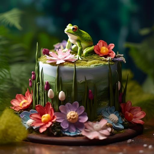 2-tier froggy birthday cake with flowers and lilypads, food photography