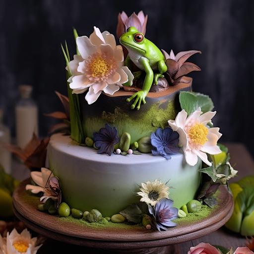 2-tier froggy birthday cake with flowers and lilypads, food photography