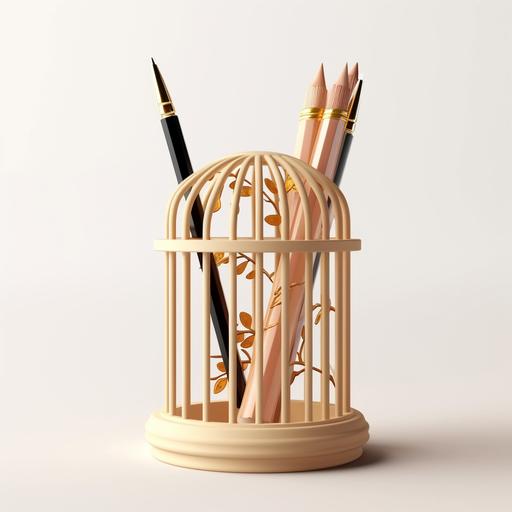 birdcage pen holder, desktop mockup front view, natural light --s 750