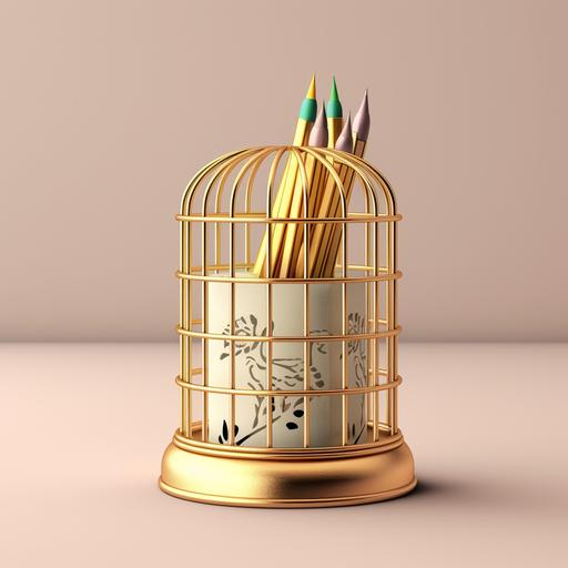 birdcage pen holder, desktop mockup front view, natural light --s 750