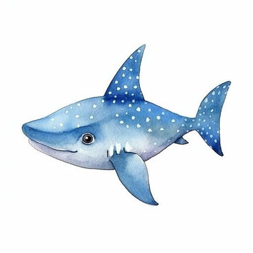 cute polka dotted blue shark, watercolor pencil sketch, isolated on white background --s 750