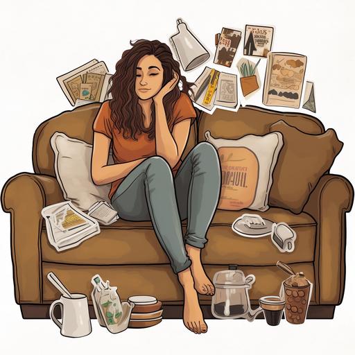 20 digital planner stickers of a woman in her 30s, full body, Laying on couch, drinking coffee, a hand-drawn, realistic detail. Brown hair in a messy bun , tan skin, average weight, beautiful face. Housewife, hot-mess-mom, boho, comfy hipster clothes, detailed facial expression of being stressed-out, coffee, couch, bedroom, living room furniture.