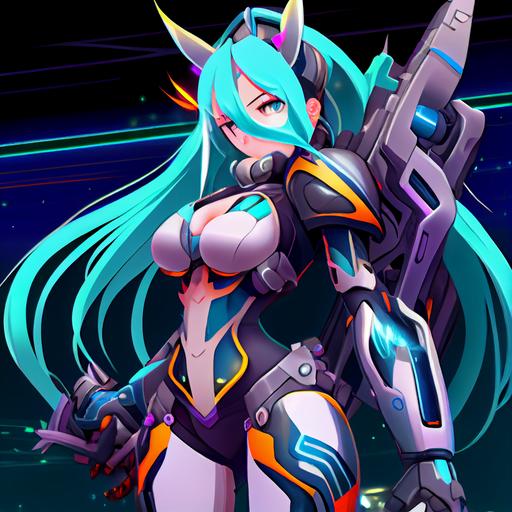 Character design, a female cyborg bounty hunter, neon blue hair tied into a tail, a cute fact with cybernetic implants for eyes, blue and white cybernetic armor that covered her entire body, reinforced breastplate, slender armor design, holding a large plasma rifle in her arms, Clean Lines, Maximum detail, full body, neon lighting, anime style, 8K, art by Jorge Jimenez, Mamoru Oshii, full colored, neon colors, ProPhoto RGB, Accent Lighting, Optics, digital art, popular on Artstaion, ar 3:2 --upbeta --q 2