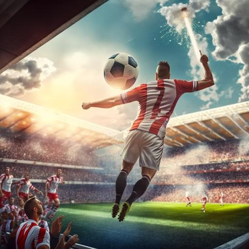 Jugador de Futbol Hiperrealista regateando un rival en frente de la porteria en un estadio lleno de aficionados, con un cielo nublado 3D y un rayo de Sol enfocandole.