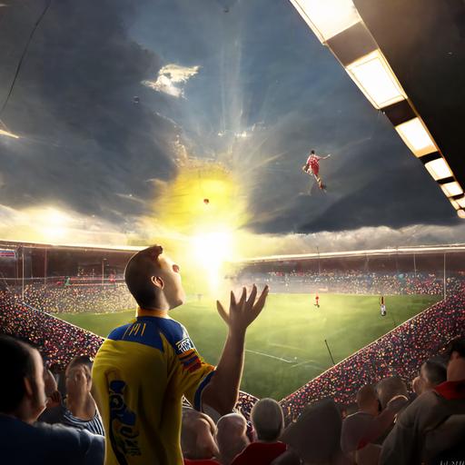 Jugador de Futbol Hiperrealista regateando un rival en frente de la porteria en un estadio lleno de aficionados, con un cielo nublado 3D y un rayo de Sol enfocandole.