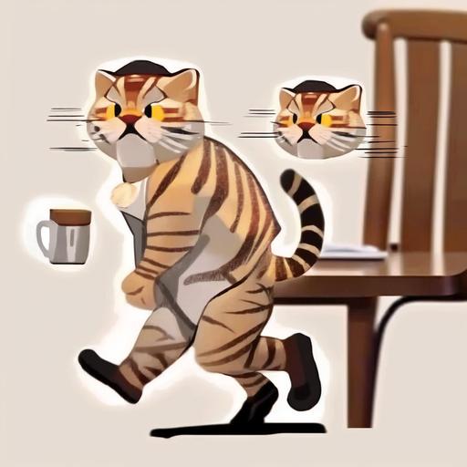 Juggling multiple coffee cups while running to catch the train. , digital drawing cartoon sticker, is a office workers, with office workers ears, Ghibli, image black border Color, baseball cap, fat, fluffy, full body, flat texture cartoon style, transparent background, 2D --niji --v 4 --q 5