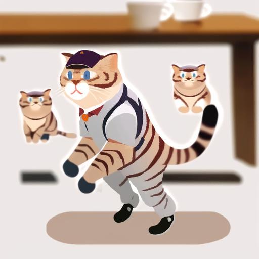 Juggling multiple coffee cups while running to catch the train. , digital drawing cartoon sticker, is a office workers, with office workers ears, Ghibli, image black border Color, baseball cap, fat, fluffy, full body, flat texture cartoon style, transparent background, 2D --niji --v 4 --q 5