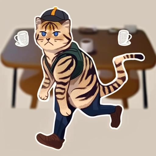 Juggling multiple coffee cups while running to catch the train. , digital drawing cartoon sticker, is a office workers, with office workers ears, Ghibli, image black border Color, baseball cap, fat, fluffy, full body, flat texture cartoon style, transparent background, 2D --niji --v 4 --q 5