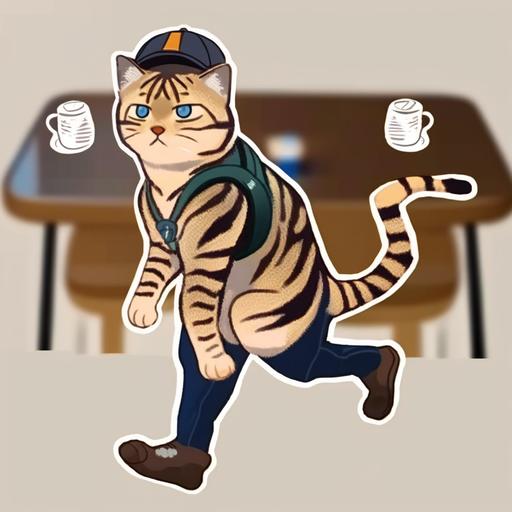 Juggling multiple coffee cups while running to catch the train. , digital drawing cartoon sticker, is a office workers, with office workers ears, Ghibli, image black border Color, baseball cap, fat, fluffy, full body, flat texture cartoon style, transparent background, 2D --niji --v 4 --q 5