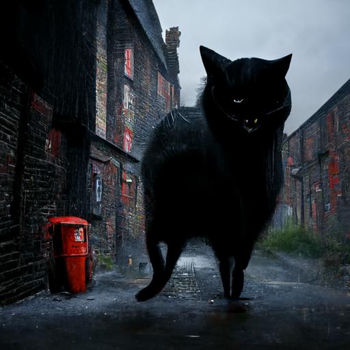 black cat with purse holding a knife on a back alley in england, realistic, octane
