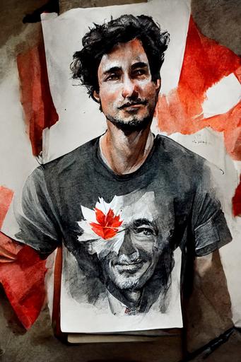 Justin Trudeau wearing a Canadian flag t-shirt :: Ink Sketch, Portrait, realistic, insanely detailed, 4k --ar 5:8