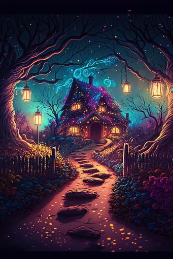 magical path with white wooden fencing and fairy lights, Cosy, garden environment, complex, wide view   color pen and ink, illustration, realistic, maximalist, spectacular details, 8K, concept art, cinematic, atmospheric, epic composition, dramatic light,   vibrant colors, high contrast --ar 2:3 --v 4 --q 2