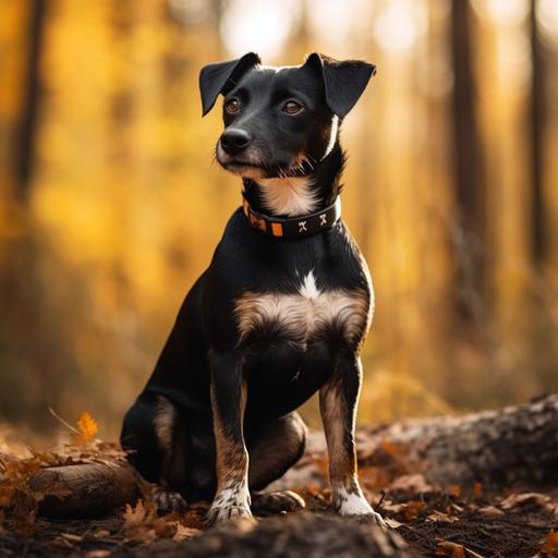 black dog Jack Russell Terrier sits on the background of the forest