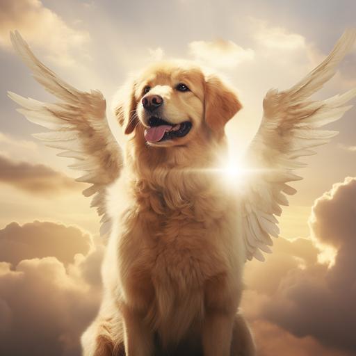 dog angel with wings against the background of clouds and the sun