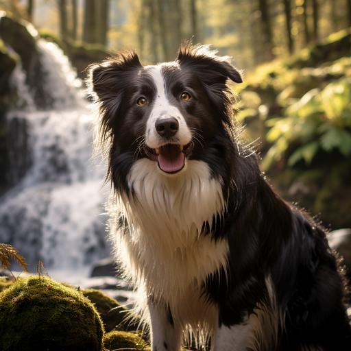 more fun border collie against the backdrop of a forest and a waterfall