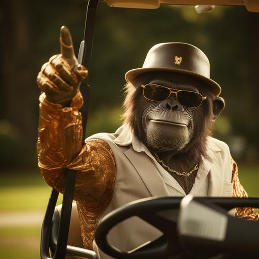 orang utan puting up a thumbs up, wear aviators, shiny gold frames,one bling 24k gold teeth, wearing grey scottish golf cap, after swinging a tee off on a par 4. 4k visual image.