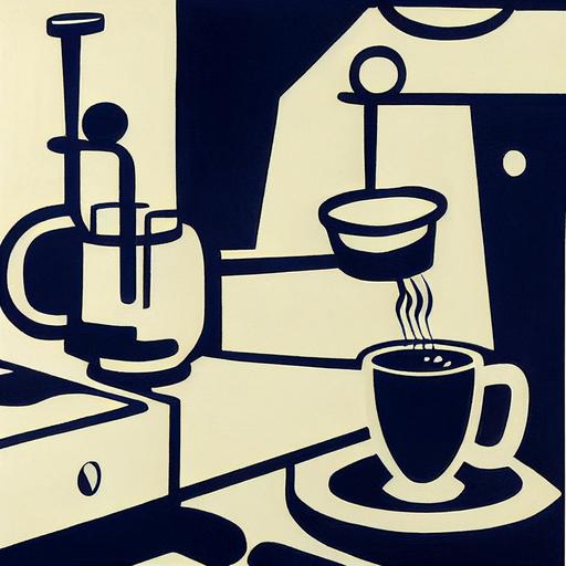 dog making coffee on machine, art by Stuart Davis, dark blue, white, black, no shades, clean colors --test --creative  --upbeta --s 1250   --v 3 --upbeta