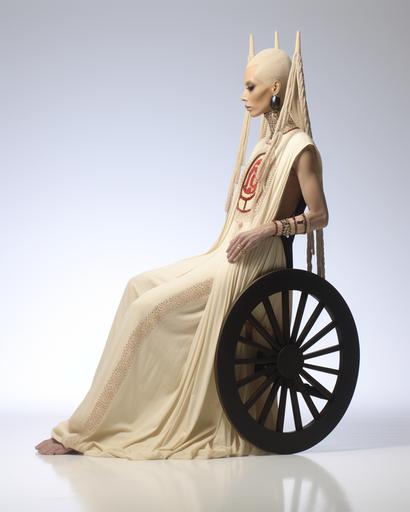 Kabbalah model in antique wheelchair wearing religious couture --weird 1000 --stylize 1000 --ar 8:10